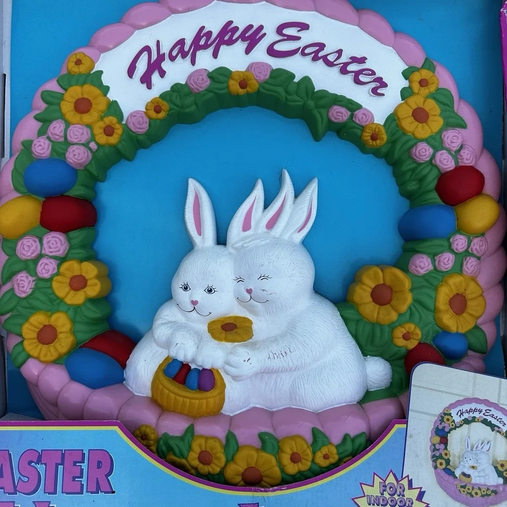 Vintage 1995 EMPIRE Blow Mold Easter Egg Rabbit Bunny & Basket Flowers Wreath